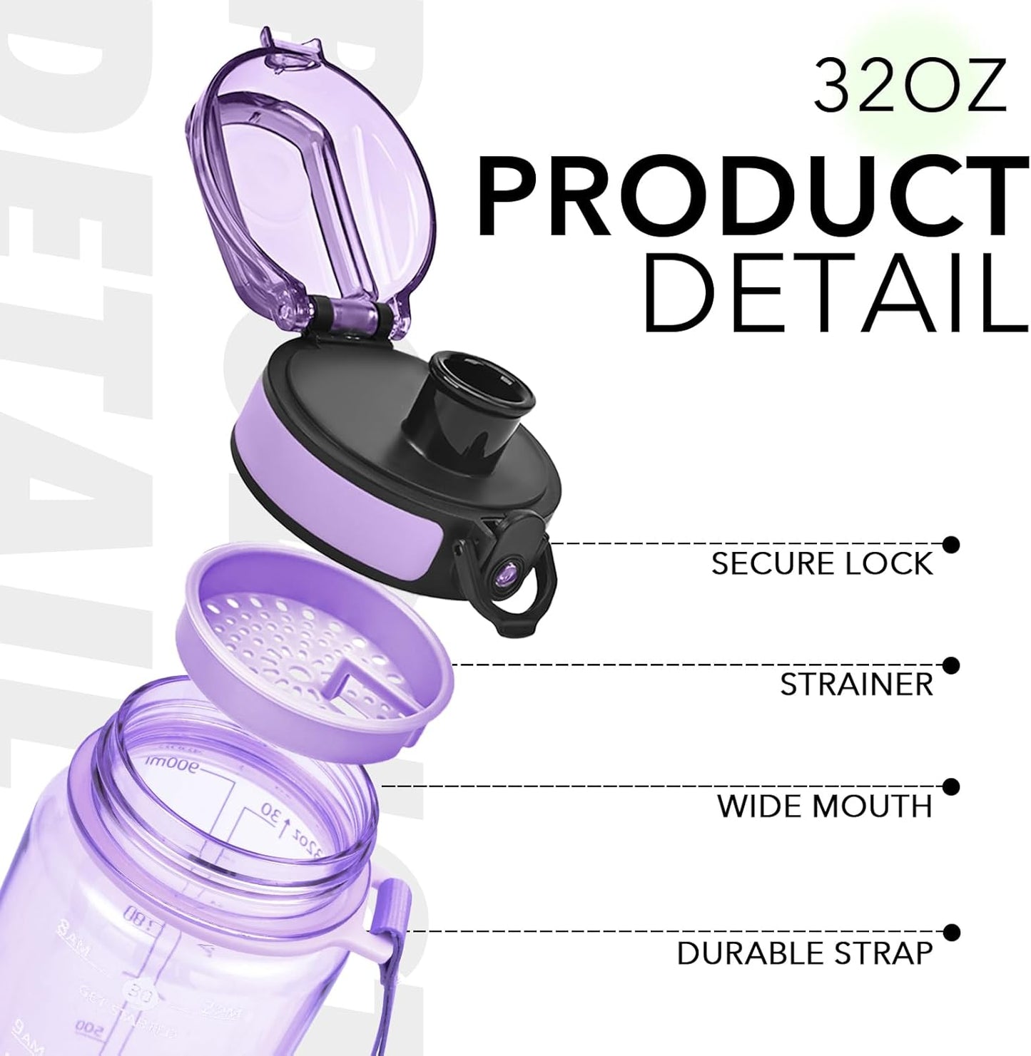 32oz Water Bottle with Time Marker, Motivational Drinking Bottle with Strap, BPA-Free Leak-Proof, Encouraging Water Bottle Time to Drink Water for Gym School Office Travel