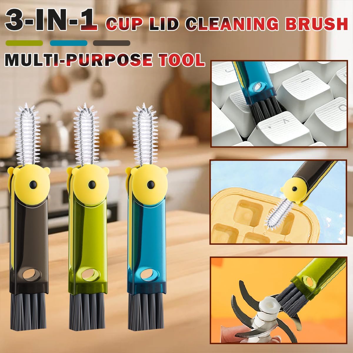 3 in 1 Cup Lid Cleaning Brush, 4PCS Multifunctional Crevice Cleaning Brush for Water Bottle Insulated Cup Tumbler Lid Groove Narrow Space Detail Cleaner Home Kitchen Gadgets