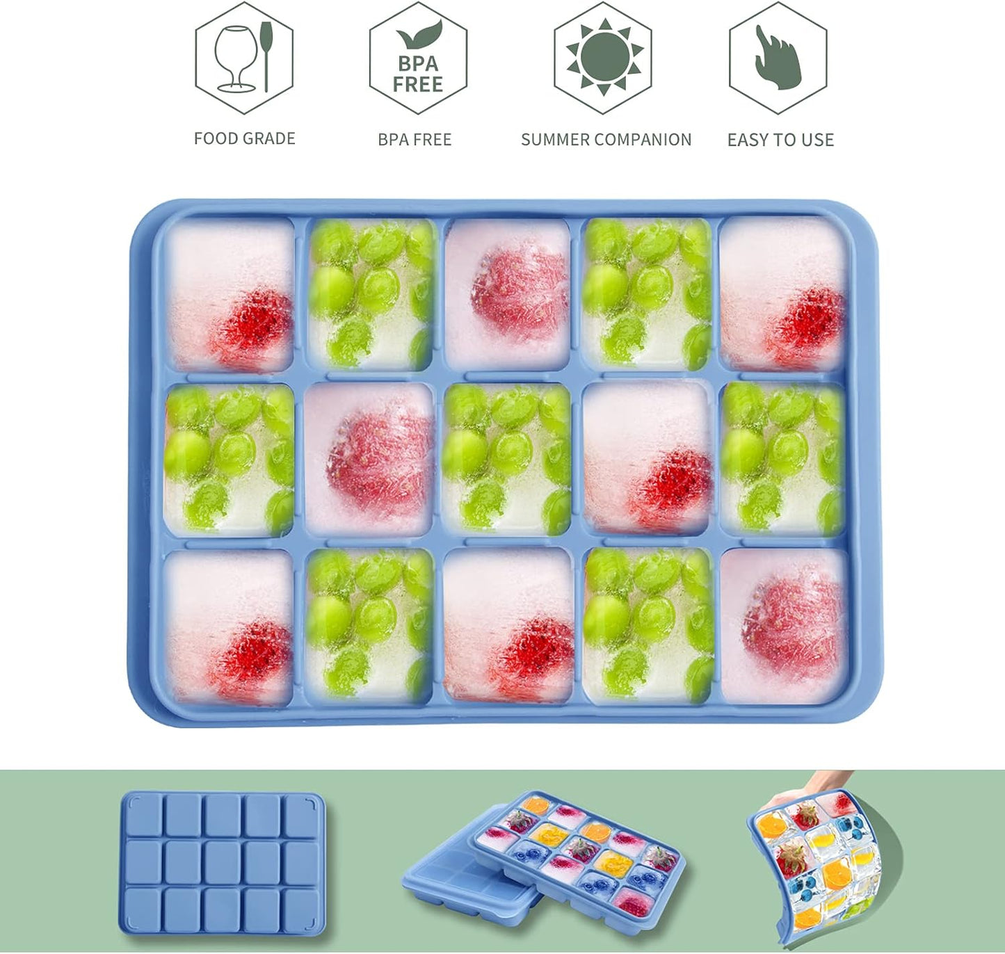Ice Cube Trays Set of 2, Easy Release 15 Flexible Silicone Ice Cube Molds with Removable Lid Reusable Freezer Ice Trays Stackable for Whiskey, Baby Food, BPA Free (BAMBOO GREEN)