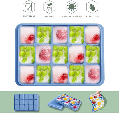 Ice Cube Trays Set of 2, Easy Release 15 Flexible Silicone Ice Cube Molds with Removable Lid Reusable Freezer Ice Trays Stackable for Whiskey, Baby Food, BPA Free (BAMBOO GREEN)