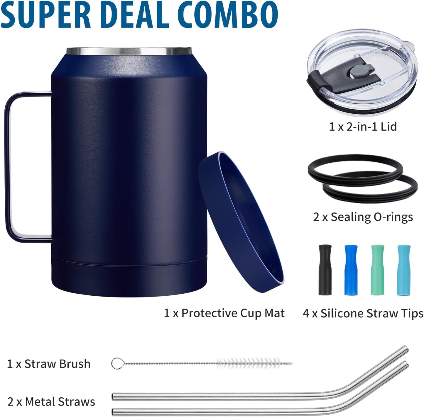 50 oz Insulated Tumbler with Handle and Straw - Stainless Steel Double Wall Coffee Mug, 2-in-1 Lid Metal Water Bottle, 36H Cold 24H Hot Travel Hydro Cup Jug with Silicone Boot