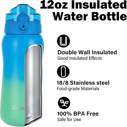 Oldley Insulated Water Bottle 20oz for Adults Kids Stainless Steel Water Bottles with Straw/Chug/Carabiner 3 Lids Fruit Strainer Double Wall Vacuum Wide Mouth BPA Free Leak-Proof for School Travel