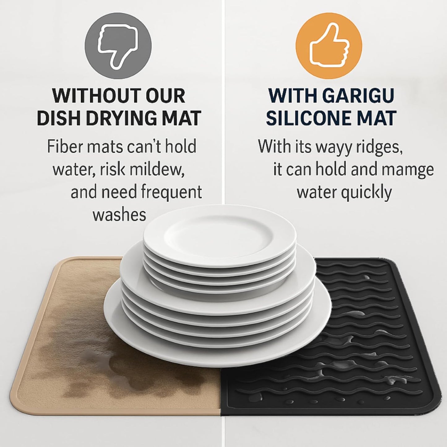 Silicone Drying Mat 16 × 12 – Gray Non-Slip Sink Mat for Kitchen Counter, Heat-Resistant Food-Grade Dish Pad, Easy-Clean Multipurpose Drawer Liner (Gray, 16'' x 12'')