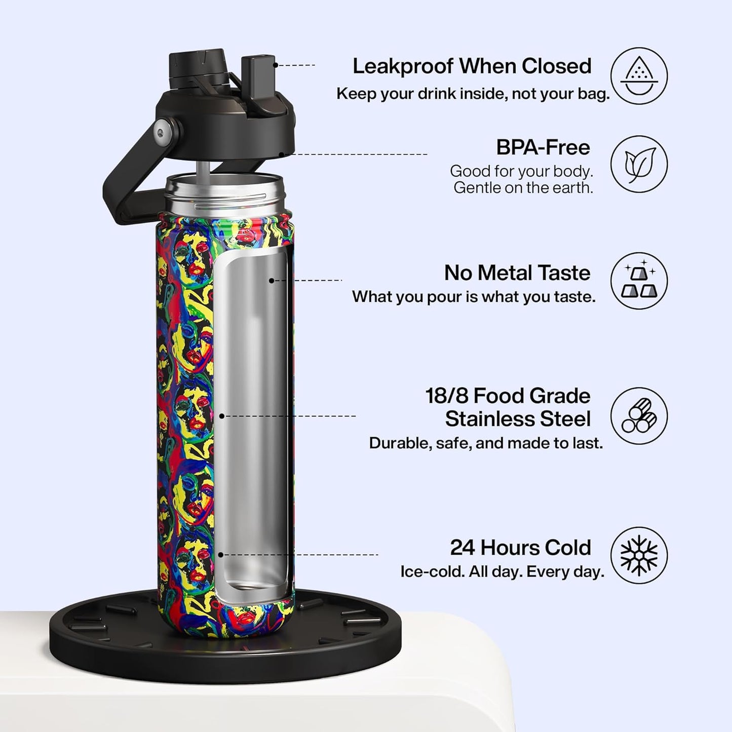 ENCOOL Insulated Water Bottle with Straw Stainless Steel Water Bottle, Leak-Proof, BPA-Free, Double Wall Vacuum Keeps Cold for 24 Hours for Sports, Travel, School (26 oz, Cotton Candy) - Colors C