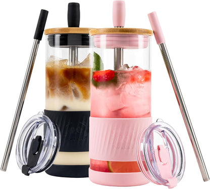 Pandaloo® Glass Cups With Lids and Straws -20 Fl Oz- Perfect Size Iced Coffee Cup - Smoothie Cup With Bamboo Lid and On the go Lid - Glass Tumbler With Straw (1 Count (Pack of 1), Lilac Rhapsody)