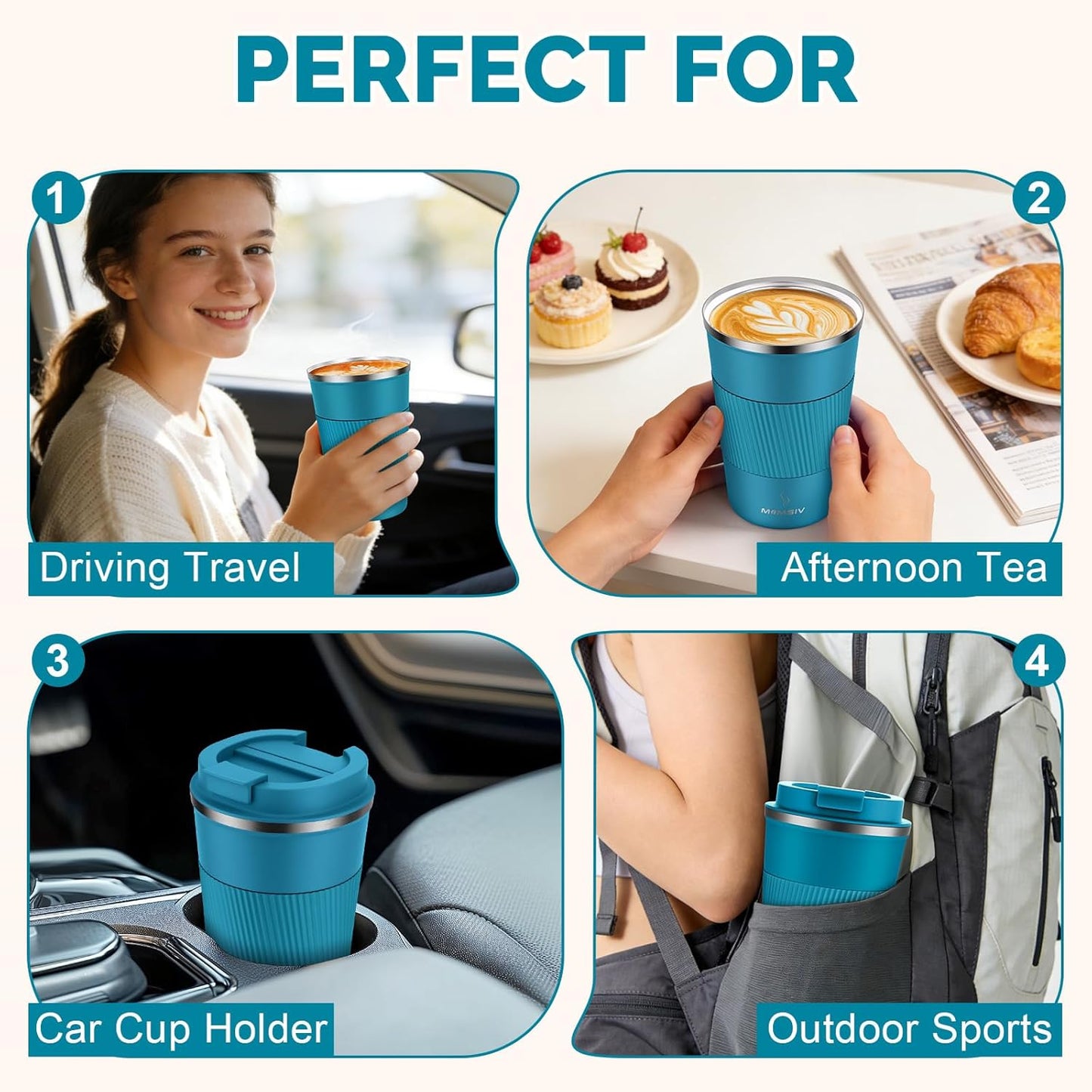 MOMSIV 12oz Travel Mug, Insulated Coffee Cup with Leakproof Lid, Travel Coffee Mug Vacuum Stainless Steel Double Walled Reusable Coffee Cup for Hot and Cold Water Coffee