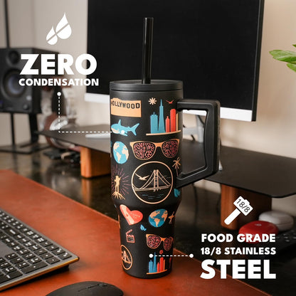 Elemental 32 oz 100% Leak Proof Tumbler with Handle & Straw - Stainless Steel Double Wall Insulated Tumbler for Hot and Cold Beverages - Travel Coffee Mug with Sip & Straw Lid - White - Colors A