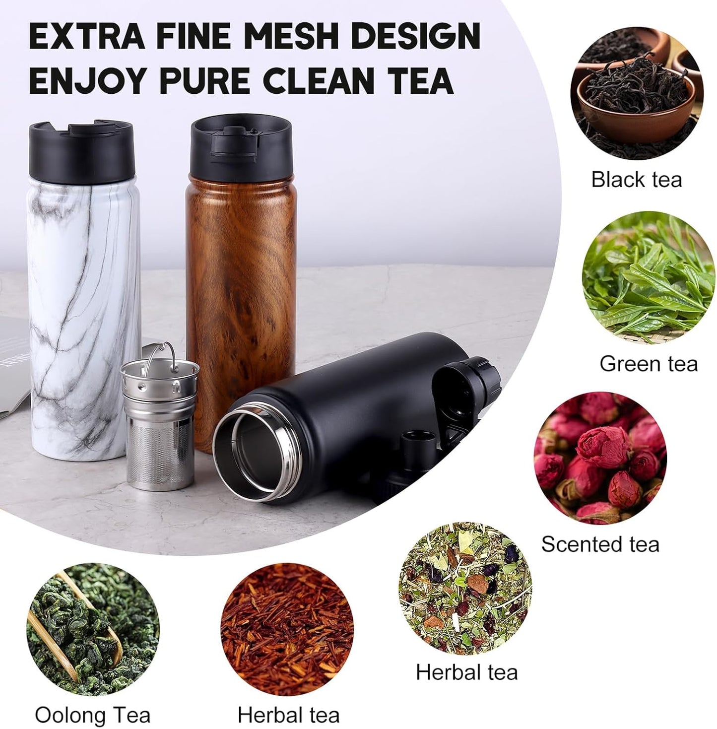Sivaphe Tea Infuser Bottle With Removable Loose Leaf Tea Strainer Cup 18/8 Stainless Steel Portable Insulated Travel Tea Tumbler Black