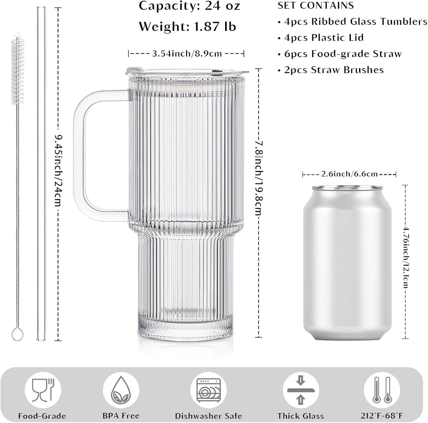 INSETLAN 24oz Ribbed Glass Tumbler with Handle & Lid – 2-Pack Large Iced Coffee Cups with Straws, Modern Glass Mug for Cold & Hot Beverages, Aesthetic Travel Cup for Smoothies, Tea, and Juice
