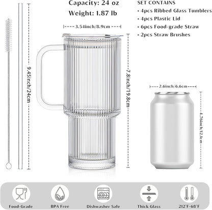 INSETLAN 24oz Ribbed Glass Tumbler with Handle & Lid – 2-Pack Large Iced Coffee Cups with Straws, Modern Glass Mug for Cold & Hot Beverages, Aesthetic Travel Cup for Smoothies, Tea, and Juice