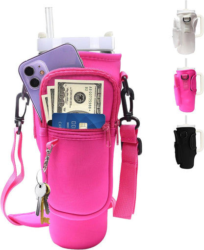 Water Bottle Carrier Bag with Strap for Stanley Cup 40oz/30oz with Phone Pocket, Neoprene Cross-Body Insulated Water Bottle Holder for Tumbler with Handle, Stanley Cup Accessories