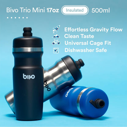 bivo Trio Mini 17oz Insulated Stainless Steel Bike Water Bottle - for Cycling - Compact, Fits Most Cages, Dishwasher Safe, High Flow Sports Nozzle - Keeps Drinks Cold 12+ Hours - (Raw)