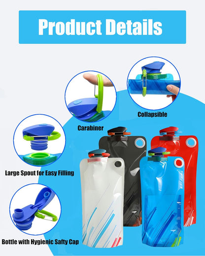 4 Pack Collapsible Water Bottle with Carabiner, 23oz Foldable Reusable BPA-Free Water Bottles with Leakproof Lid for Traveling Hiking Camping Biking