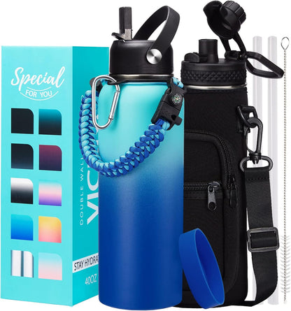 32/40/64OZ Insulated Water Bottle - Keep Cold 48H Hot 24H, Combo Straw/Spout Lids, Paracord Handle for Gym/Hiking, Carrier Bag +Strap, Cup Mat, BPA-Free Stainless Steel Flask Jug
