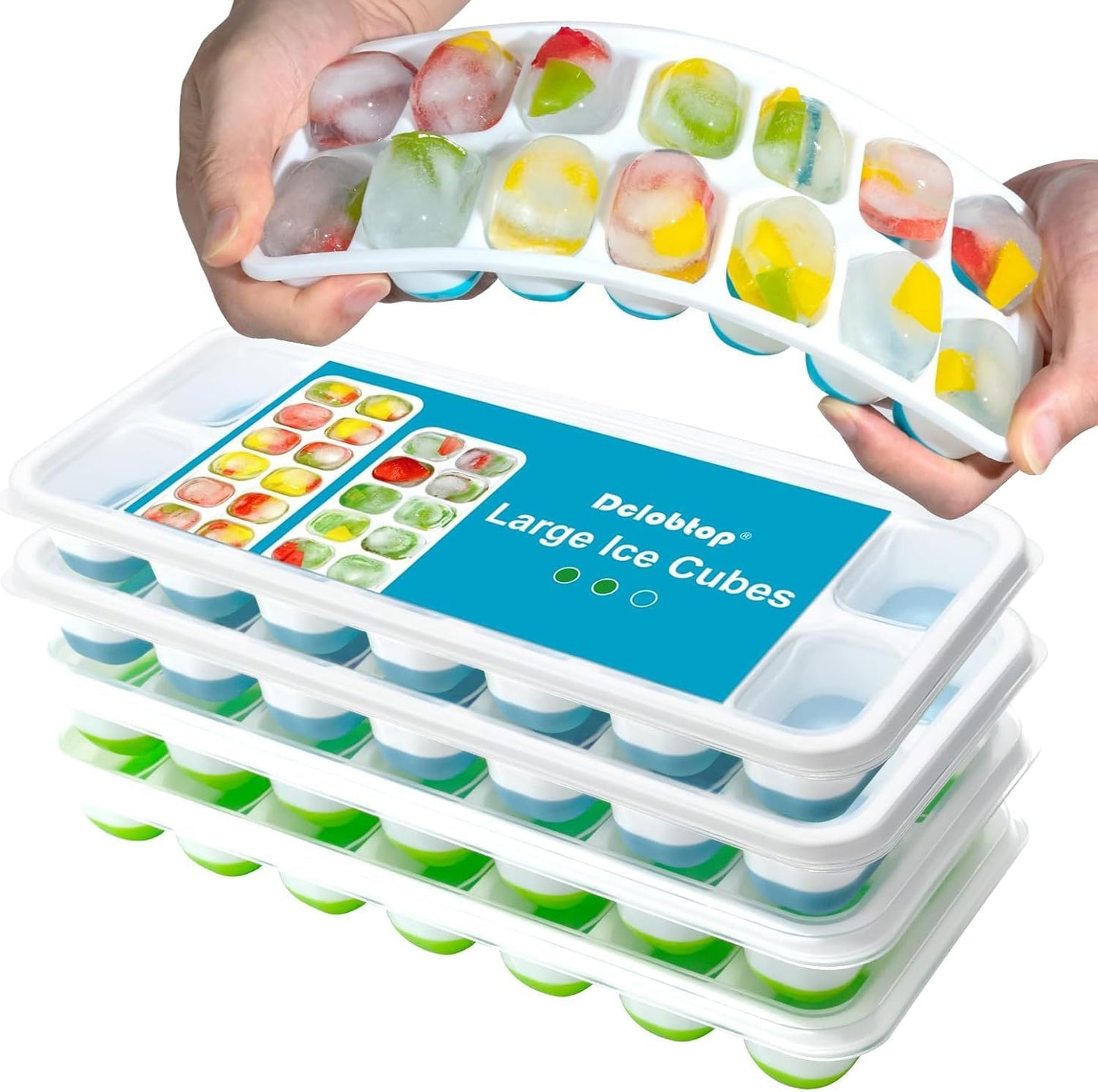 3 Pack Ice Cube Trays with Lid for Freezer, Flexible Silicone Bottom for Easy Release, Stackable Space-Saving Ice Molds, 1.2" Cubes Color-Coded (2 Green 1 Blue) for Juice, Coffee & Cocktails, BPA Free