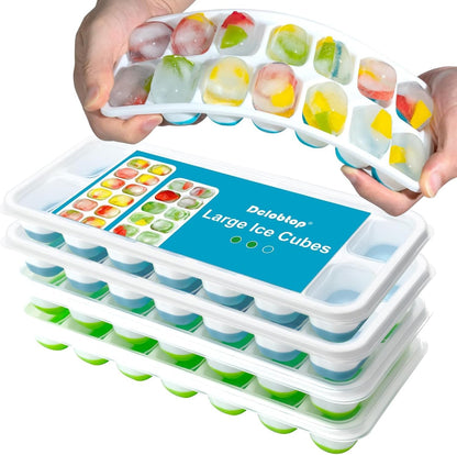 3 Pack Ice Cube Trays with Lid for Freezer, Flexible Silicone Bottom for Easy Release, Stackable Space-Saving Ice Molds, 1.2" Cubes Color-Coded (2 Green 1 Blue) for Juice, Coffee & Cocktails, BPA Free