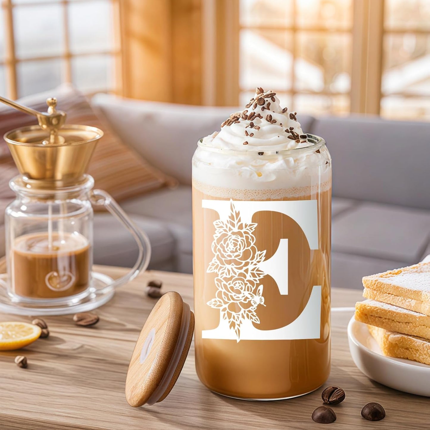 Glass Cups with Lids and Straws: Personalized Initial Glass Cup Be Used As Reusable Iced Coffee Cups with Lids,Cute Matcha Tumbler - The Christmas/Birthday Gifts for Women - M Smoothie Cup