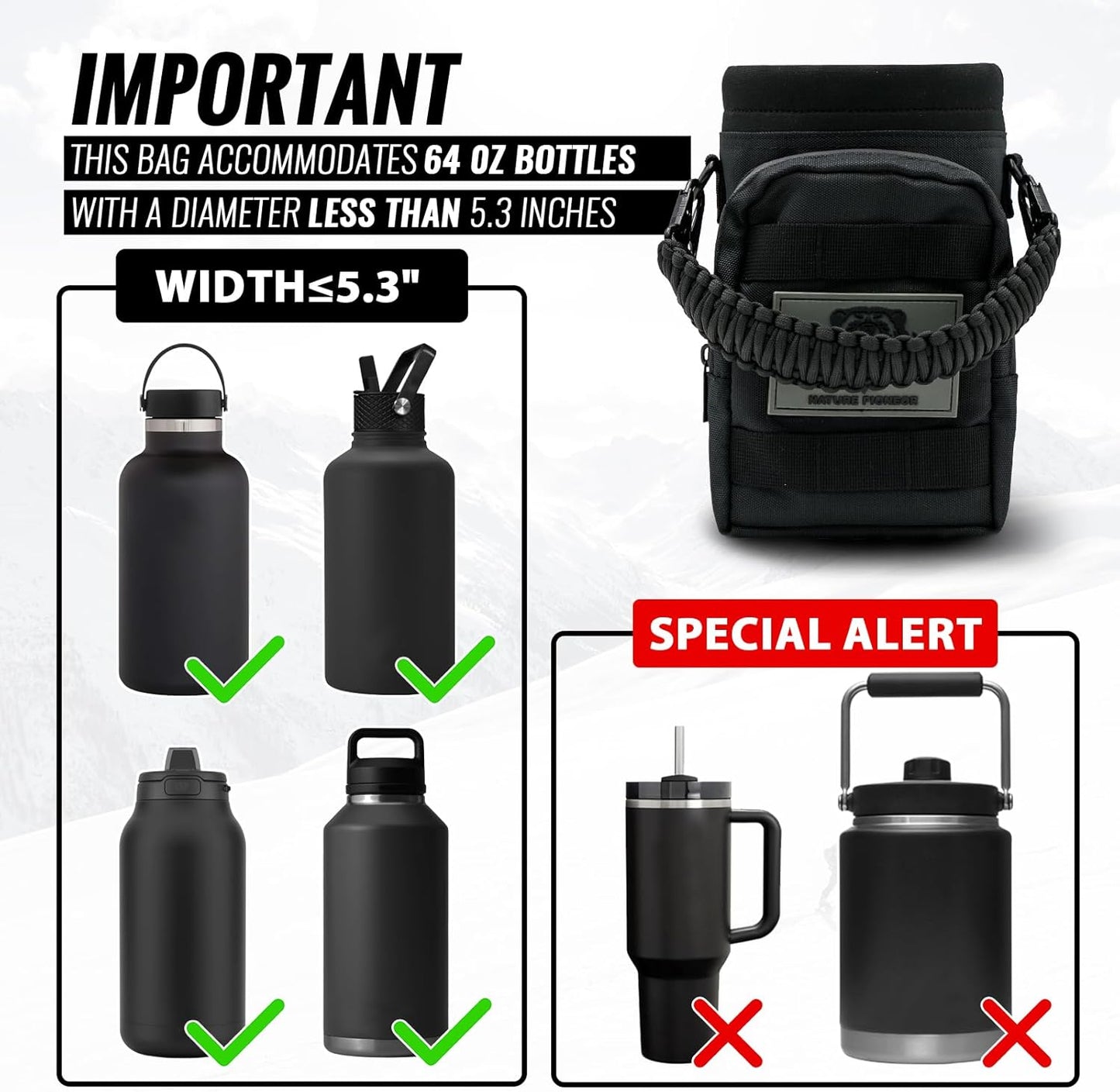 NATURE PIONEOR 32 64 128oz Tactical Water Bottle Pouch, Multi-Function Tactical Water Bottle Bag with Adjustable Shoulder Strap, Half/One Gallon Molle Strap Carrier Holder