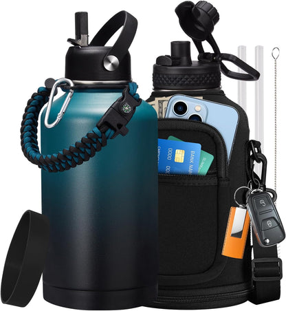 32/40/64OZ Insulated Water Bottle - Keep Cold 48H Hot 24H, Combo Straw/Spout Lids, Paracord Handle for Gym/Hiking, Carrier Bag +Strap, Cup Mat, BPA-Free Stainless Steel Flask Jug