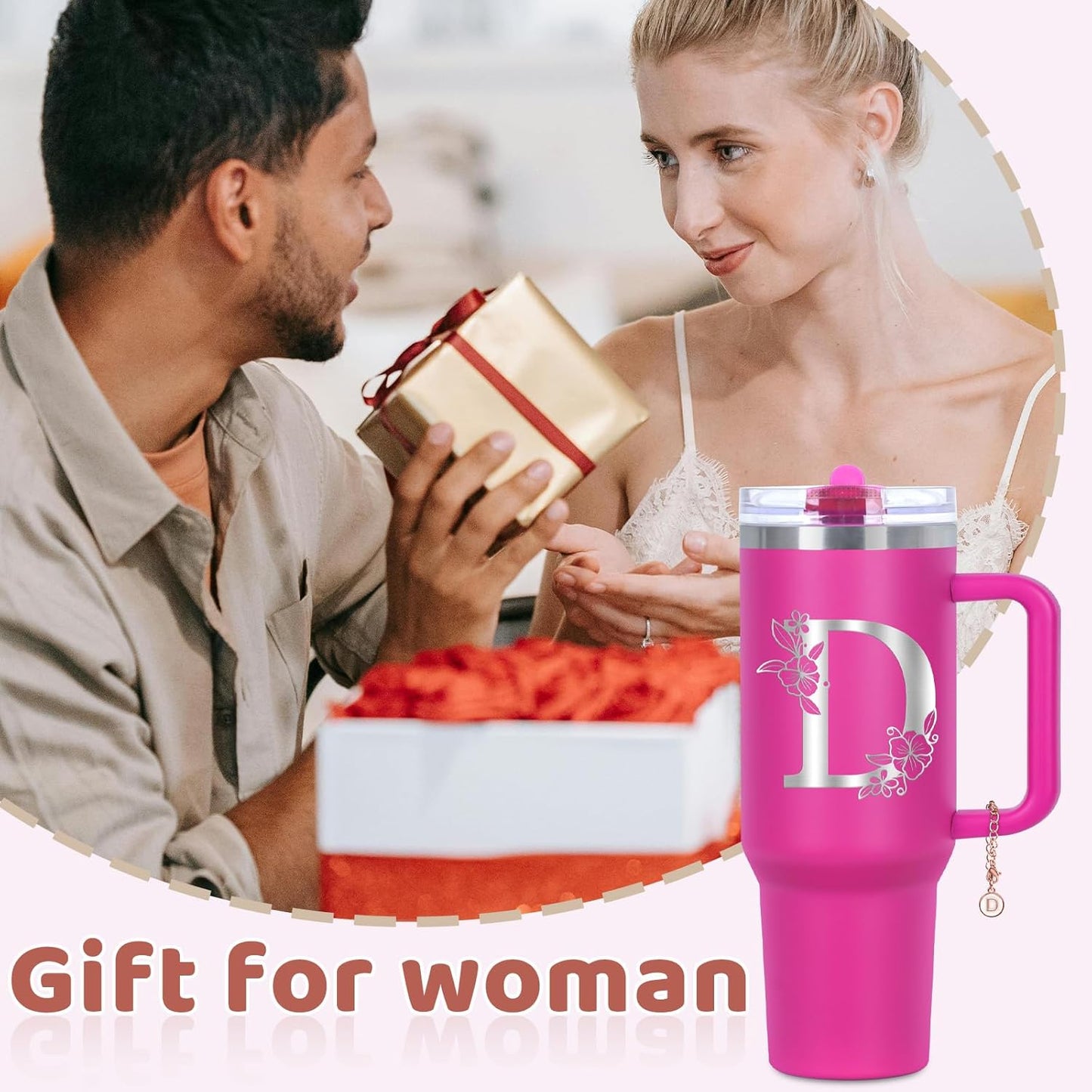 Personalized 40 oz Monogrammed Tumbler with Handle and Flip Straw Lid, 100% Leak Proof stainless steel Insulated Tumbler, Customized Initial Funny Gifts for Women Mom Sisters Coworker, A