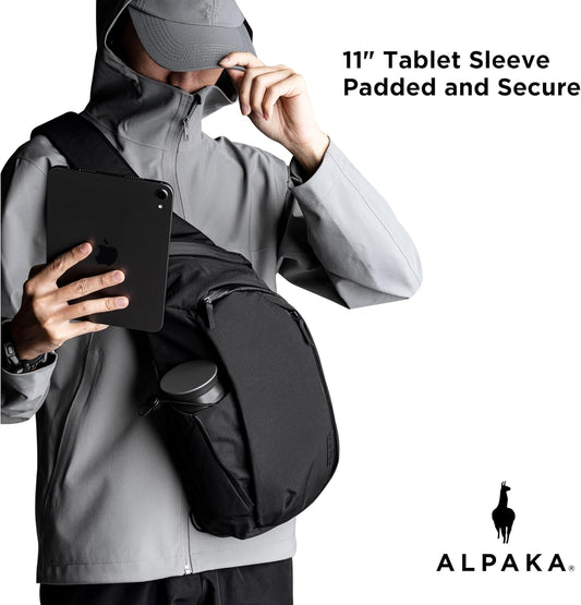 ALPAKA Metro Crossbody Left Shoulder 7.5L - Crossbody Bag Men,Sling Backpack - Fits 11" Tablet - Single Shoulder with YKK Zipper - Expandable Water Bottle Pocket - Phone Sleeve- Black Axoflux 210D