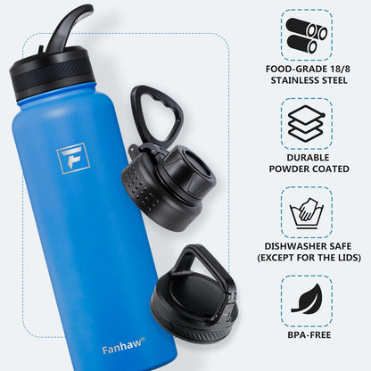 Fanhaw 40 oz Insulated Water Bottle – Stainless Steel Flask with 3 Lids (Straw, Spout, Carabiner) | Durable, Leakproof, for Hiking, Camping, Outdoor Adventures & Travel (Green Blue)