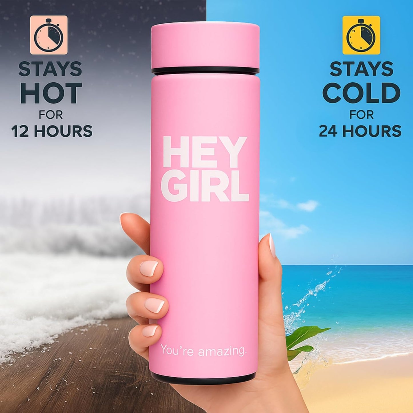 Hey Girl Tea Infuser Bottle 450ml - Insulated Stainless Steel Water Bottle - Tea Tumbler with Tea Diffuser - Portable Travel Mug for Loose Leaf Tea & Infused Water - Tea Lovers Gifts for Women (Pink)