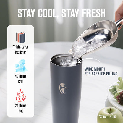 Coolflask Water Bottle 40 oz Fits Car Cup Holder, Slim Tumbler Stainless Steel with Straw & Handle, Vacuum Flask Leakproof Wide Mouth for Travel Sports Gym, Black