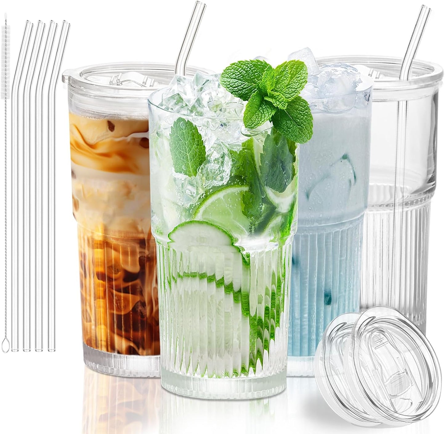 Luiaiog 20 oz Glass Cups with Lids and Straws – Single Reusable Tumbler, Thickened Shatter-Resistant Glass, Ideal for Iced Coffee, Smoothies, Cocktails, Juices – Elegant & Durable Drinkware