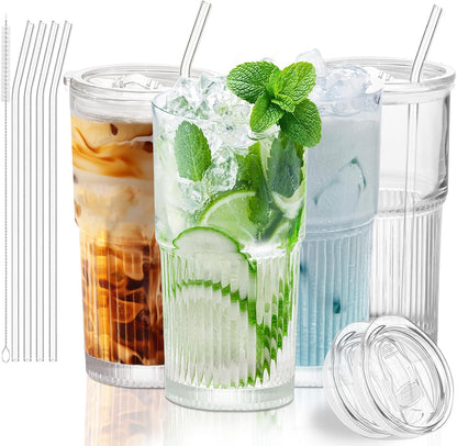 Luiaiog 20 oz Glass Cups with Lids and Straws – Single Reusable Tumbler, Thickened Shatter-Resistant Glass, Ideal for Iced Coffee, Smoothies, Cocktails, Juices – Elegant & Durable Drinkware