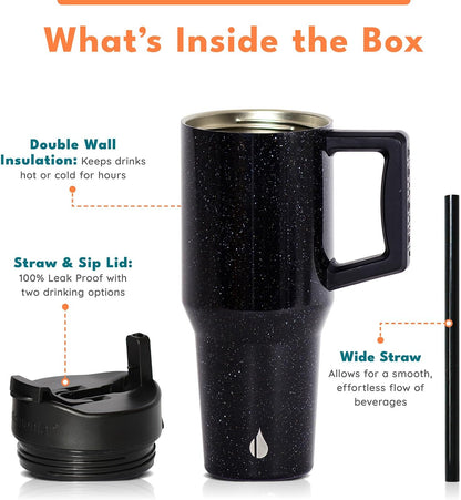 Elemental 32 oz 100% Leak Proof Tumbler with Handle & Straw - Stainless Steel Double Wall Insulated Tumbler for Hot and Cold Beverages - Travel Coffee Mug with Sip & Straw Lid - White - Colors A