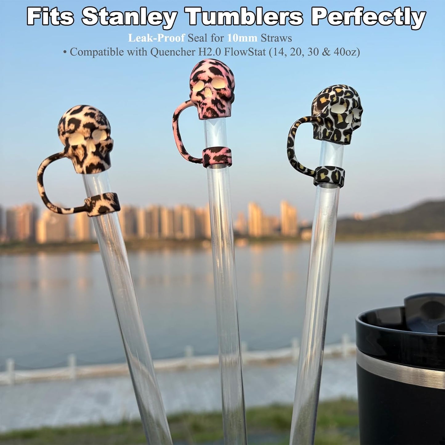 Skull Straw Cover Caps for Halloween Stanley Cup - 3 PCs Silicone Goth Straw Toppers Cool 10mm Straws Accessories Day of the Dead Gift for Boys