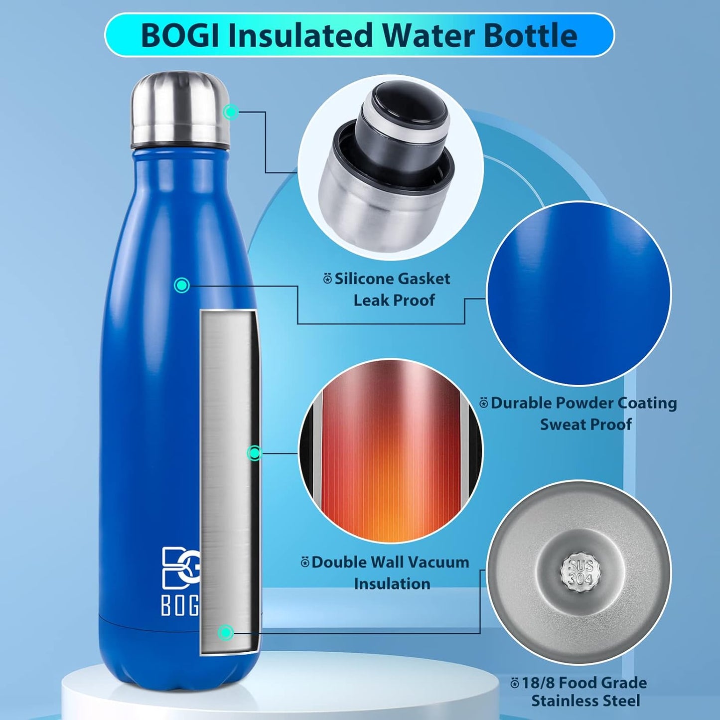 BOGI 17oz Insulated Water Bottle Double Wall Vacuum Stainless Steel Water Bottles, Leak Proof Metal Sports Water Bottle Keeps Drink Hot and Cold - Perfect for Outdoor Sports Camping Biking (Purple)