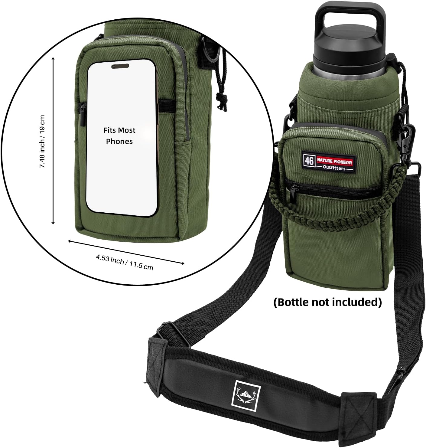 NATURE PIONEOR Water Bottle Holder with Adjustable Strap - 26/32/36/40/46/64oz Insulated Water Bottle Sling Carrier with Paracord Handle & 2 Pockets, Outdoor Sports, Hiking, Camping, Gym