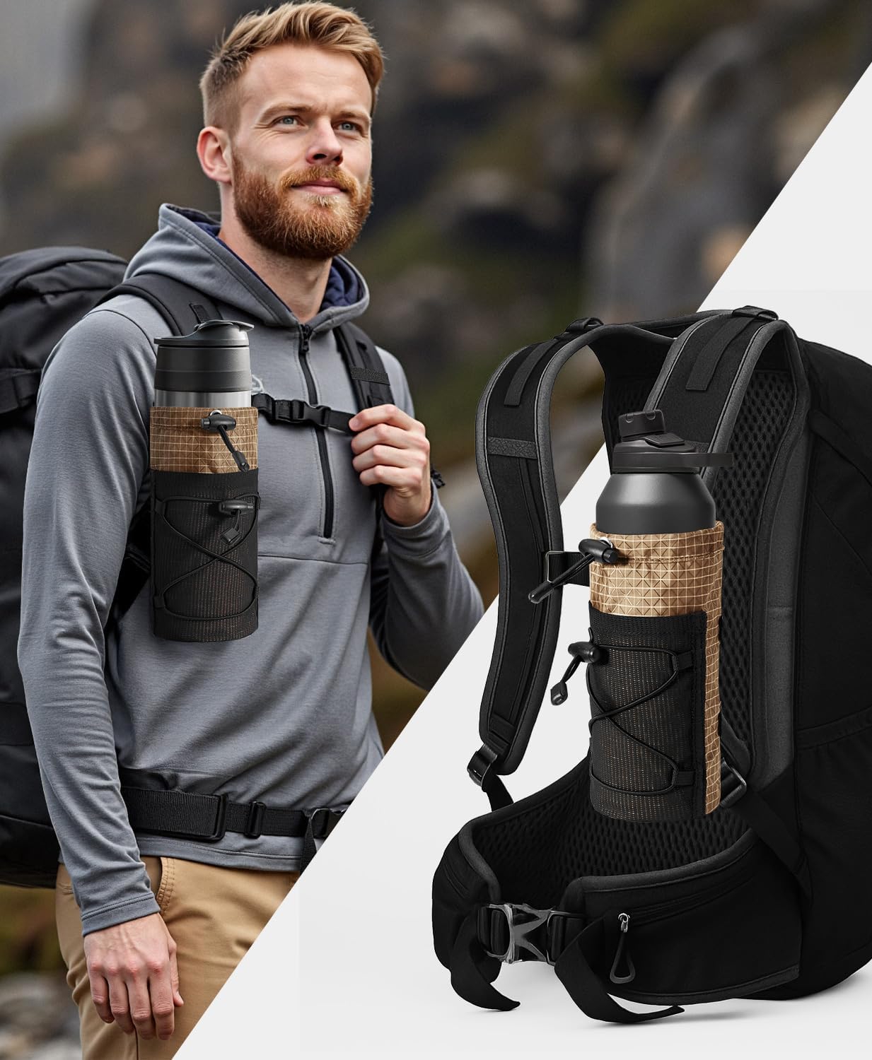 Large Water Bottle Holder Pouch Bag, Backpack Water Bottle Holder Mesh Bag Carrier Fits for 10-32oz Bottles, Heavy-Duty Water Bottles Holder Accessories for Hiking, Sports, Travel, Outdoor