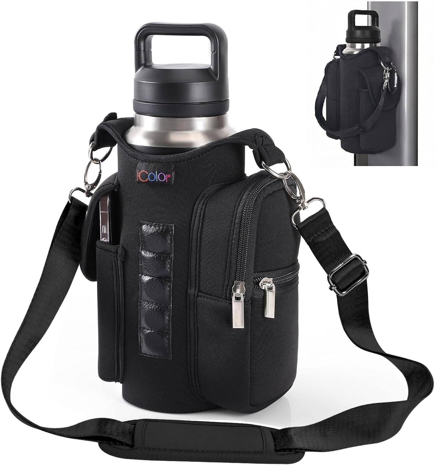 icolor Magnetic Gym Bag Water Bottle Carrier Holder with Phone Pockets & Shoulder Strap,Gym Magnetic Bag 5 Built-in Magnets Gym Accessories Organizer Sling Bottle Bag Pouch Sleeve