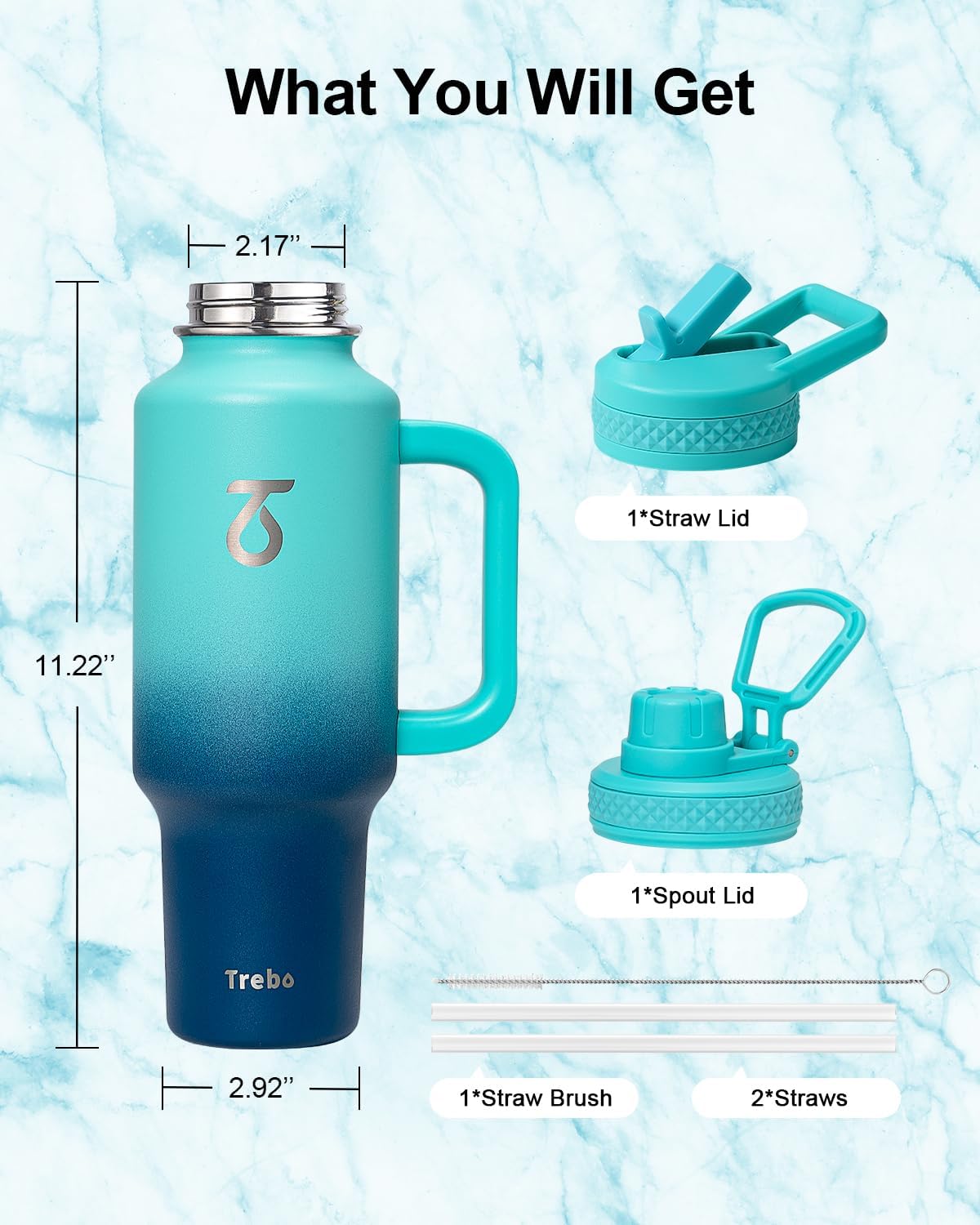 Trebo 40 oz Water Bottle Insulated Fit Car Cup Holder with Handle, Stainless Steel Water Bottles Tumbler with Spout Straw Lids, Double Wall Travel Reusable Flask, Leakproof Mug,Keep Cold &Hot,Black