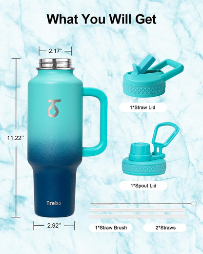 Trebo 40 oz Water Bottle Insulated Fit Car Cup Holder with Handle, Stainless Steel Water Bottles Tumbler with Spout Straw Lids, Double Wall Travel Reusable Flask, Leakproof Mug,Keep Cold &Hot,Black