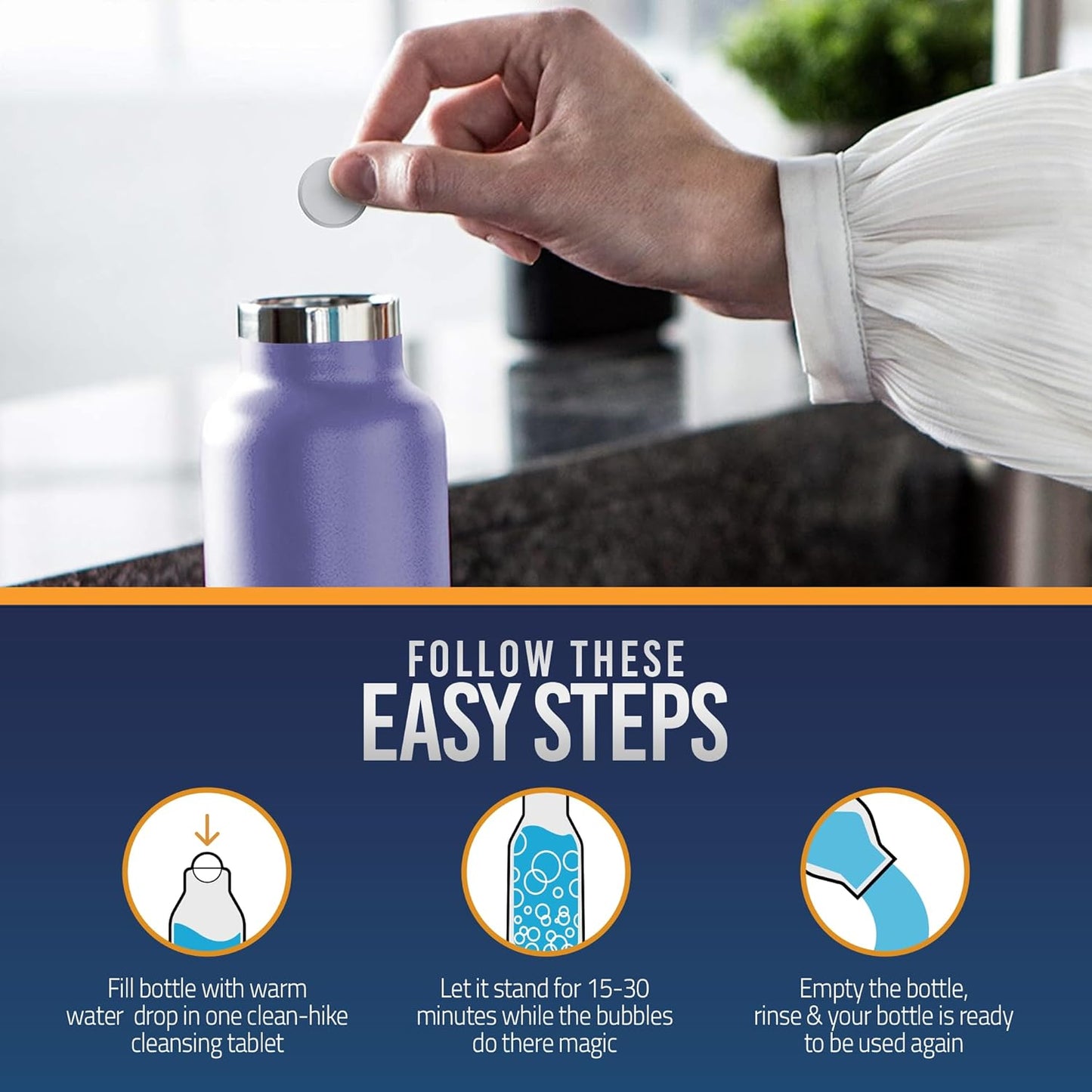 CleanHike Tumbler Water Bottle Cleaning Tablets - (90 Tablets) All Natural Ingredient, Great for All Stainless, Plastics, Ceramic and Glass Drinking Containers, Individually Packed (3)