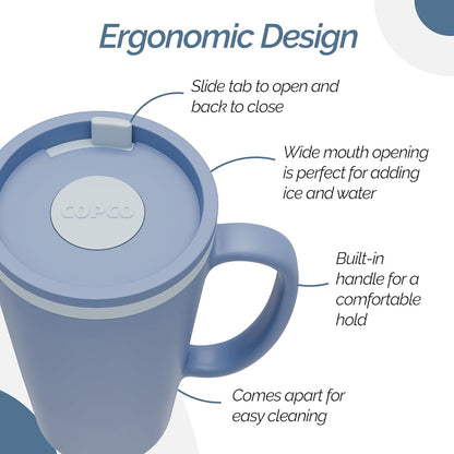 Copco Cone Desk Mug, 16 oz (Set of 4) - Double Wall Insulated Mugs with Handle, Reusable Plastic Tumblers with Twist-Off Spill Resistant Lid, BPA-Free, Microwave & Dishwasher Safe (Assorted Colors)