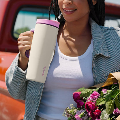 Owala SmoothSip Slider Insulated Stainless Steel Coffee Tumbler, Reusable Iced Coffee Cup, Hot Coffee Travel Mug, BPA Free 20 oz, Grey/Blue (High Dive)