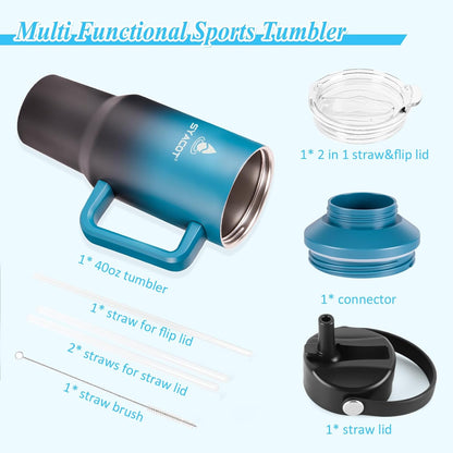 40 oz Tumbler with Handle and Straw or Convert to 40 oz Insulated Water Bottle Fits in Cup Holder. Stainless Steel Metal Water Flask with 2 Lids for Travel,Camping,Gym Sports Coffee Mug Thermal Cup