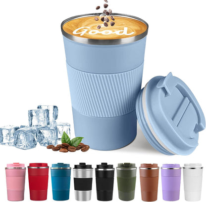 YINBAOGE Insulated Travel Coffee Mug, Spill & Leak Proof, Portable To Go Camping Stainless Steel Coffee Tumbler, Reusable Thermal Coffee Cup with Lid for Hot & Cold Drinks (Black, 12 OZ)