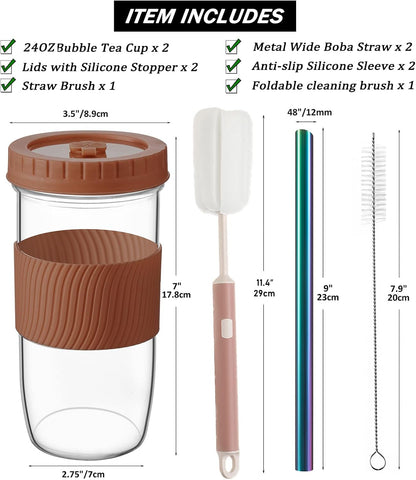 Amyoole 2 Pack Reusable Boba Cup, 24Oz Wide Mouth Smoothie Cup,mason Jar Glass Cups with Lids and Straws,Bubble/Boba Tea Cups,Ice Coffee Tumbler 2 colored straws 1 sponge brush(Pink)