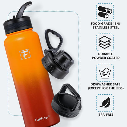 Fanhaw 40 oz Insulated Water Bottle – Stainless Steel Flask with 3 Lids (Straw, Spout, Carabiner) | Durable, Leakproof, for Hiking, Camping, Outdoor Adventures & Travel (Green Blue)