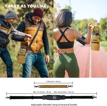 NATURE PIONEOR Water Bottle Holder with Adjustable Strap - 26/32/36/40/46/64oz Insulated Water Bottle Sling Carrier with Paracord Handle & 2 Pockets, Outdoor Sports, Hiking, Camping, Gym