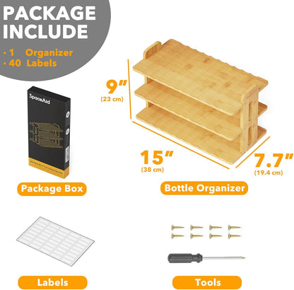 SpaceAid Bamboo Water Bottle Organizer with Labels, Kitchen Pantry Water Bottle Storage Rack for Cabinets, Home Cup and Wine Bottle Holder Shelf Organizers, (3-Tier, Hold 9 Bottles)