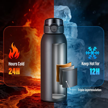 Insulated Water Bottle 24 oz with Dustproof Lid, Carry Handle & Tea Infuser, BPA-Free & Leakproof, Stainless Steel Water Bottles Ideal for Fitness, Hiking, Office & Outdoor Use (Black)