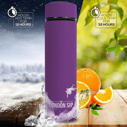 The London Sip Multi-Purpose Travel Mug and Tumbler Fruit Infused Flask Hot and Cold Double Wall Stainless Steel Thermos with Extra-Long Infuser, Purple