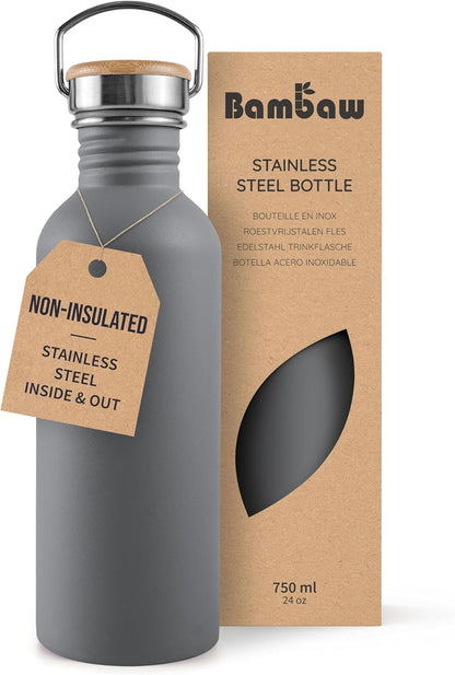 Bambaw Stainless Steel Water Bottles 32 oz, Non-insulated Single Wall Metal Water Bottle Stainless Steel, Reusable & Eco Friendly, Dishwasher Safe – Silver | Non-insulated